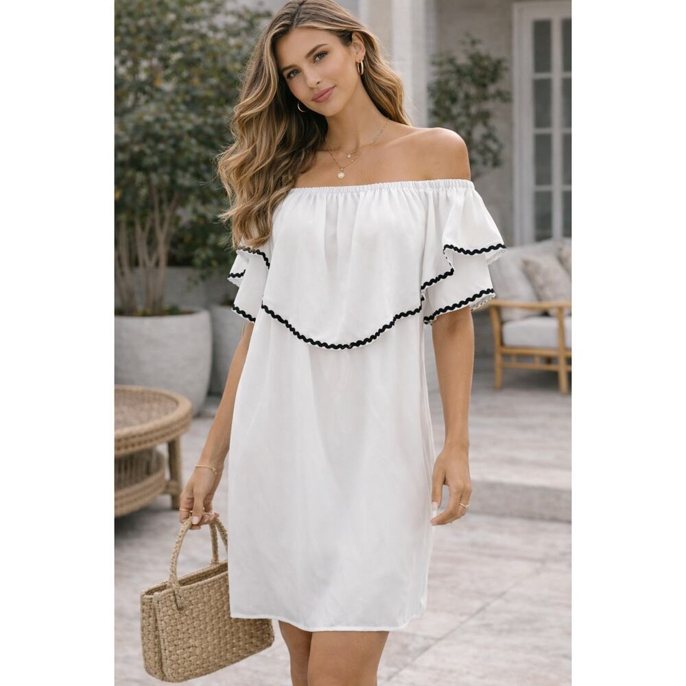 NWT Entro White Ruffle Dress Black Trim Flutter Sleeve Dress Size Small - Picture 1 of 8